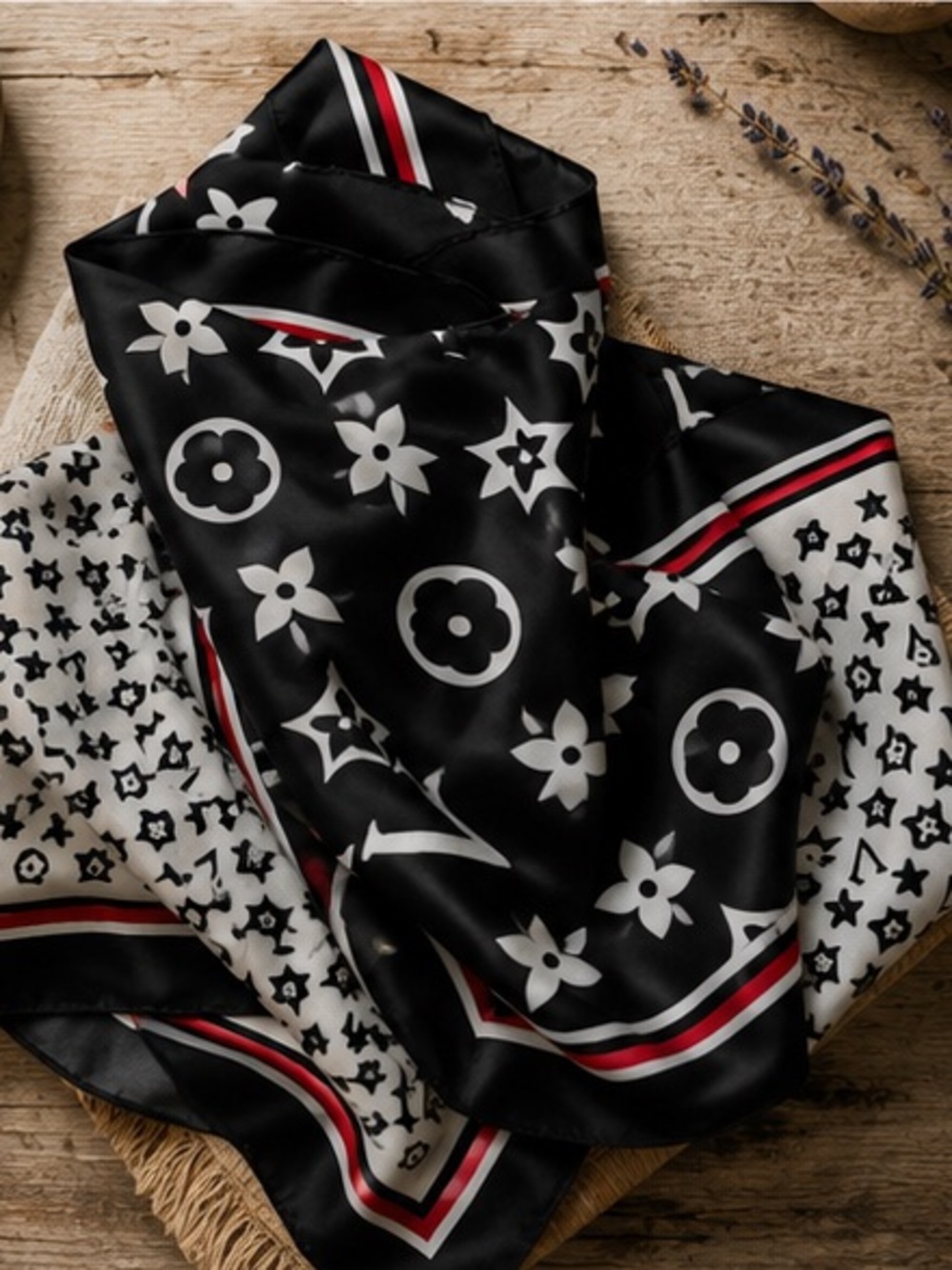 Large Designer Inspired Black White Monogram Print Square Scarf Red Trim - Picture 5 of 5